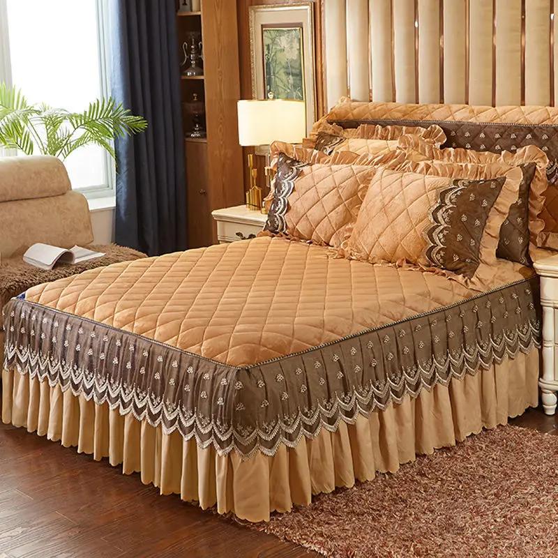 Saia de cama de veludo quente de luxo supermacia, colcha acolchoada de flanela grossa, capa de cama antiderrapante, fronha não incluída, cubre cama