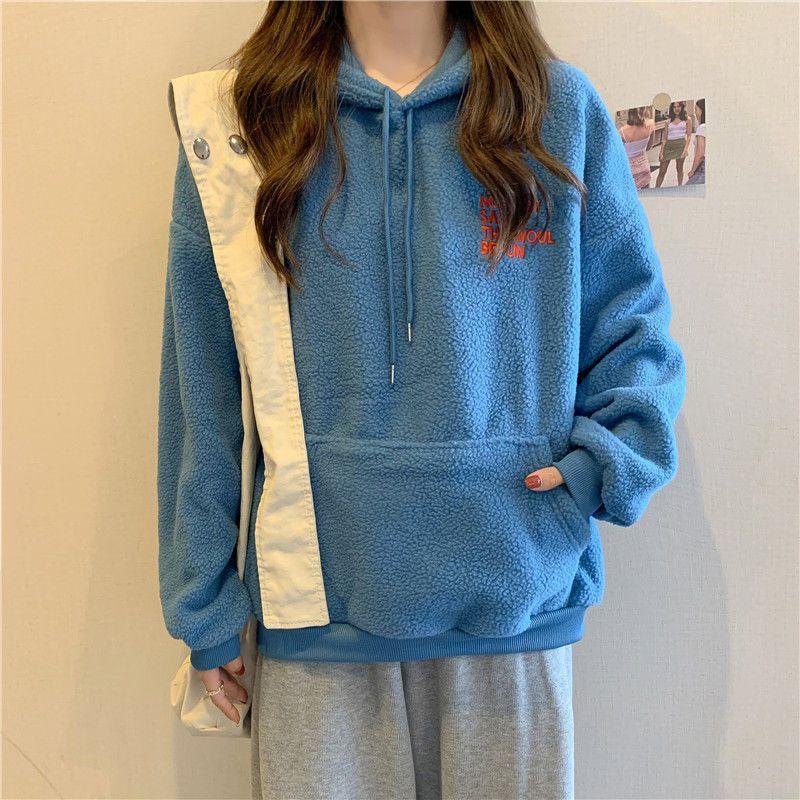 Wind real shot lamb wool hooded autumn and winter furry sweater women's fleece thickened coat