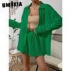 GMXIA Women's Spring and Summer Fashion Solid Colour Long-sleeved Shirt Suit Women Casual Loose Shorts Two-piece Set