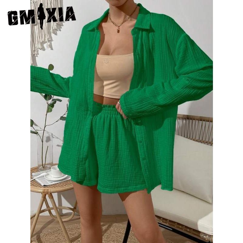 GMXIA Women's Spring and Summer Fashion Solid Colour Long-sleeved Shirt Suit Women Casual Loose Shorts Two-piece Set
