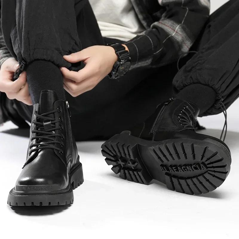 Fashion Men's Round-toe Motorcycle Shoes Casual Work Shoe High-top Fashion Non-slip Trendy Versatile Business Leather Shoes Mens Boot