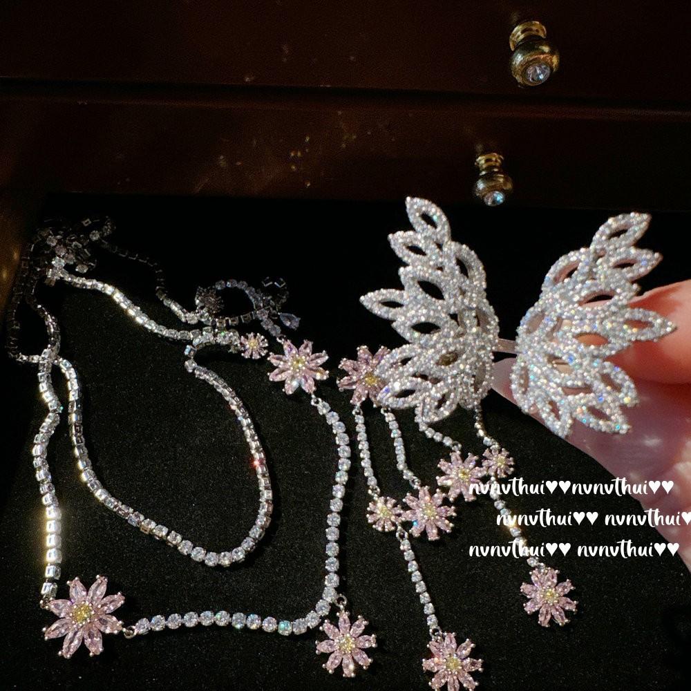 Papalacha Peach Blossom Gem Necklace, Rich Daughter Gold, Plated With 18K Gold, Rich Flower Zircon Earring Set.