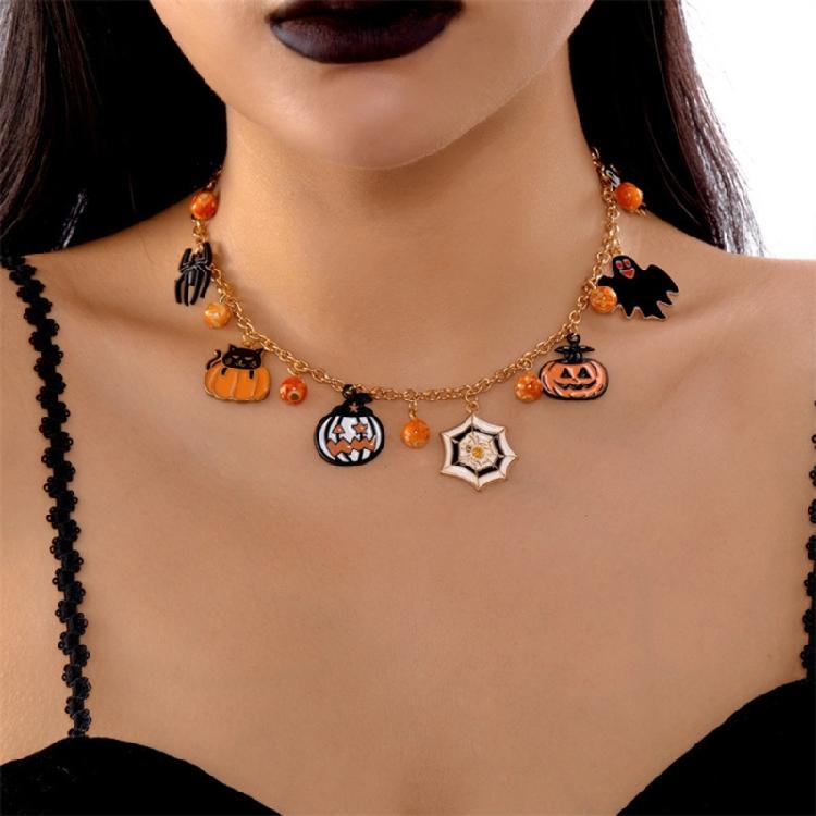 Halloween-Themen-Halskette mit Katzen-Kürbis-Anhänger, bequeme Legierung, verstellbar, Party-Schmuck