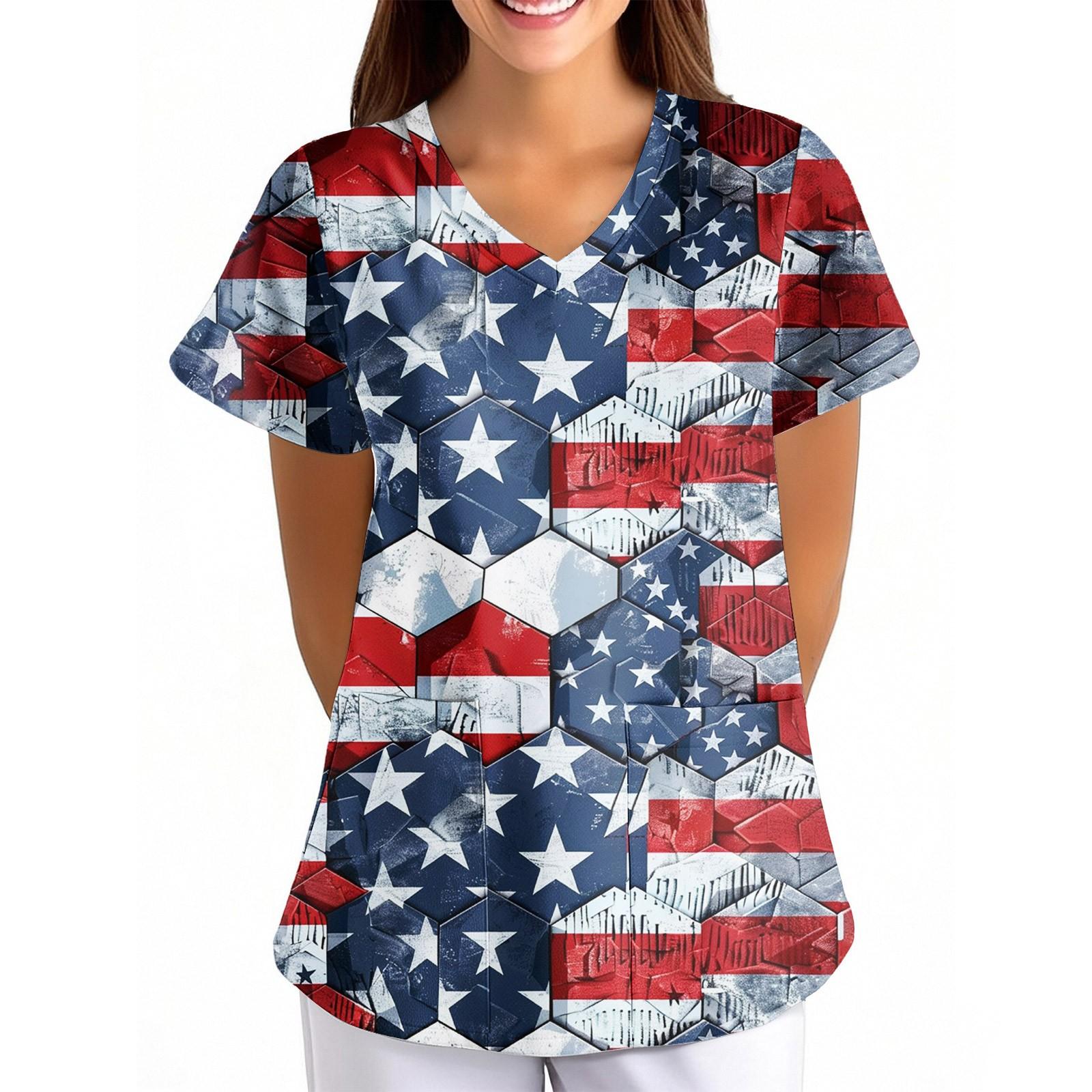 

Женская униформа с принтом Дня независимости, свободная, с V-образным вырезом, карманом и коротким рукавом XL белый