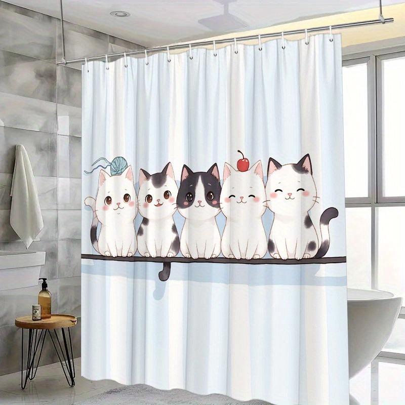 Cute Cartoon Cat In Blue Color Shower Curtain Washable Dirt-Resistant Shower Head Waterproof Polyester Bath Curtain