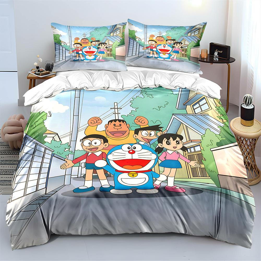D-Doraemon mit Freunden Bedrucktes Bettwäscheset für Kinder Jungen Mädchen Neue 3D-Bedruckte Bettdecke Bettbezug Kissenbezug Schlafzimmer Dekor