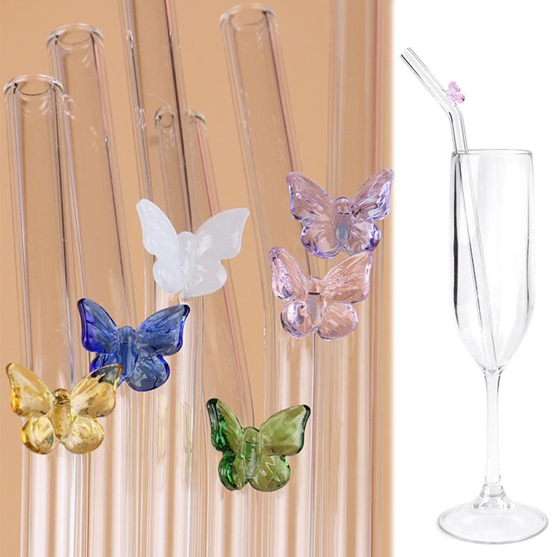 Butterfly Glass Straws Set Reusable Bar Tool For Smoothies Cocktails Drinking