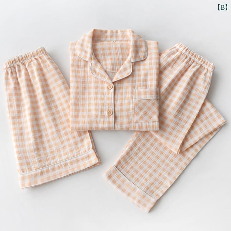Pajamas top bottom thin Muji spring summer womens check pattern cotton gauze lightweight loose short sleeve shorts long pants 3-piece set