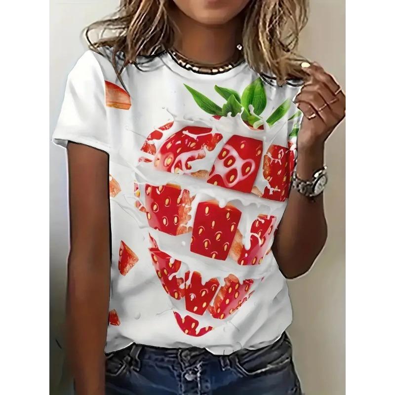 Summer Round Neck Fruit Juice Beverage Printed Top Fashionable Casual Short Sleeved Women's T-shirts