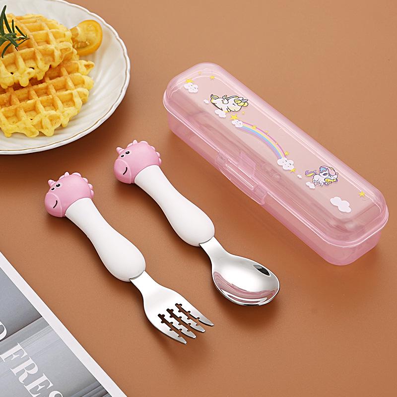 304 Stainless Steel Baby Tableware Set - Includes Spoon, Fork, Anti-Fall Cute Cartoon Chopsticks for Kids