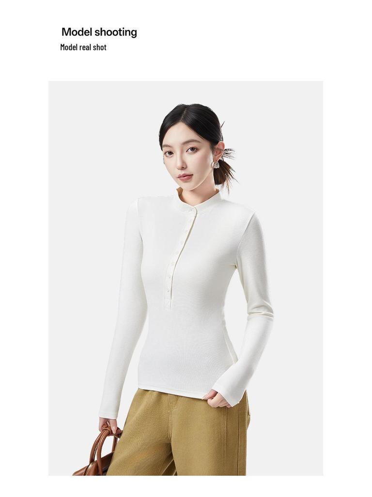 Autumn & Winter Women's Antibacterial Slimming V-neck Stand Collar Long Sleeve Thermal Top
