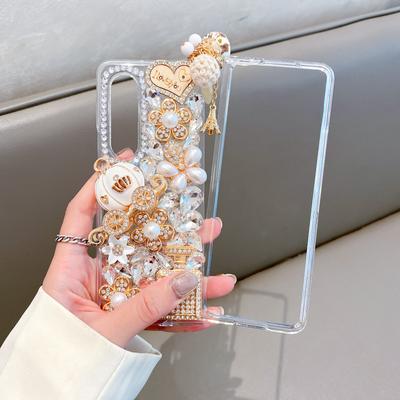 Lüks Bling Rhinestone Telefon Kılıfı Samsung Galaxy Z Fold 4 3 2 Diy Elmas 3d Kabak Inci Çiçek Kalp Kapak