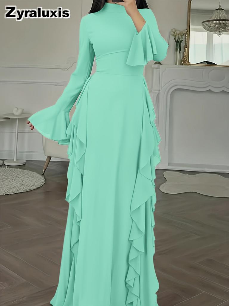New Women's Elegant Casual High Waist Solid Color Bell Sleeve Dress