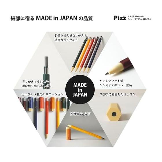Pizz Pencil-Style Mechanical Pencil & Eraser | Full Rubber Grip, Made in Japan, 0.5mm [Deep Green] | Pizz First Mechanical Pencil, Hexagonal Design,