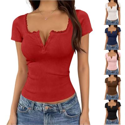 Damen Frühling und Sommer Spitze Knopf V-Ausschnitt Mode Kurzarm Top