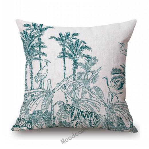 Toile De Jouy Jungle Animals Tiger Giraffe Tiger Crane Birds Navy Blue Greenish Pattern Decorative Pillow Case Car Cushion Cover