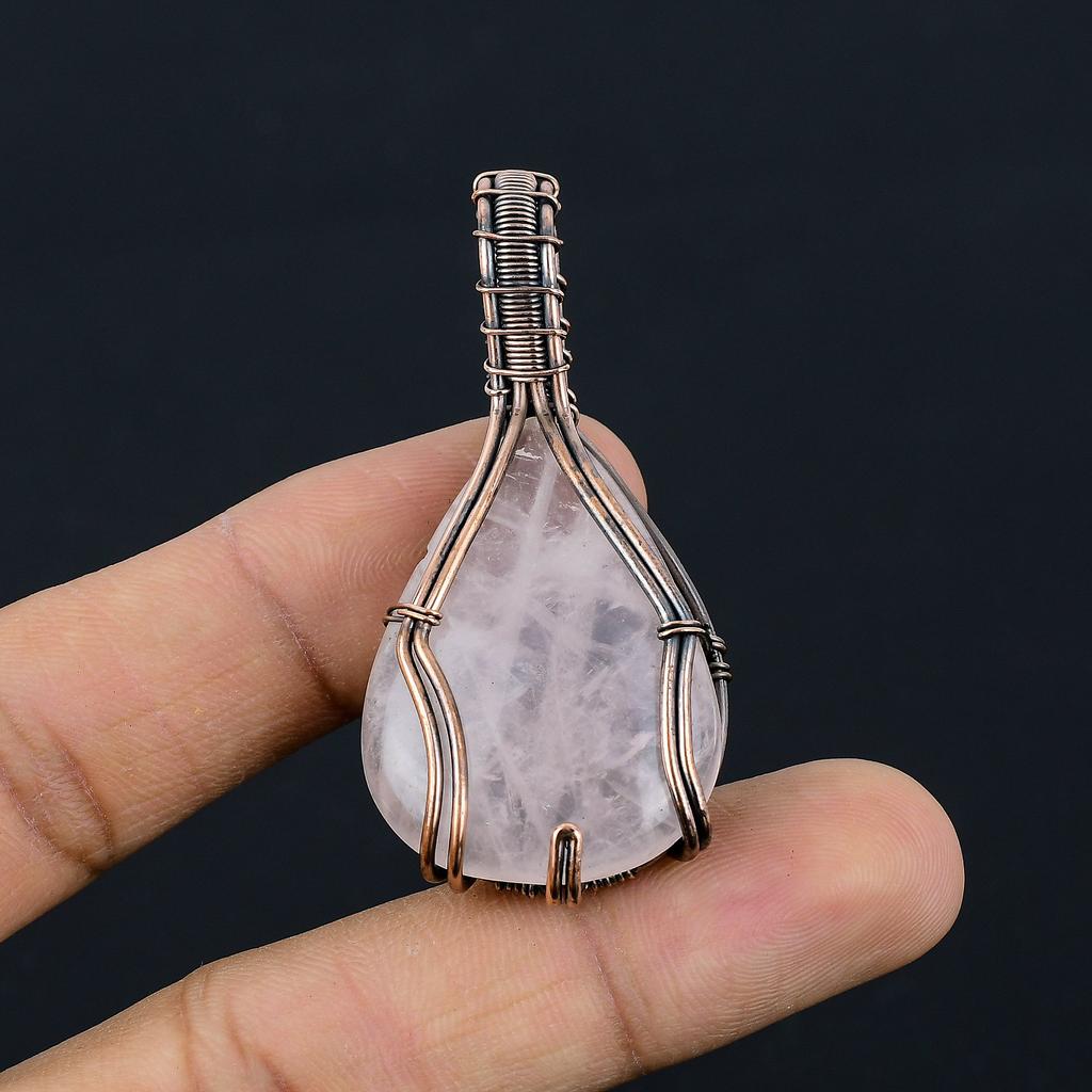 Natural Rose Quartz Gemstone Handmade Copper Wire Wrap Gift Pendant 2.2" C4s15