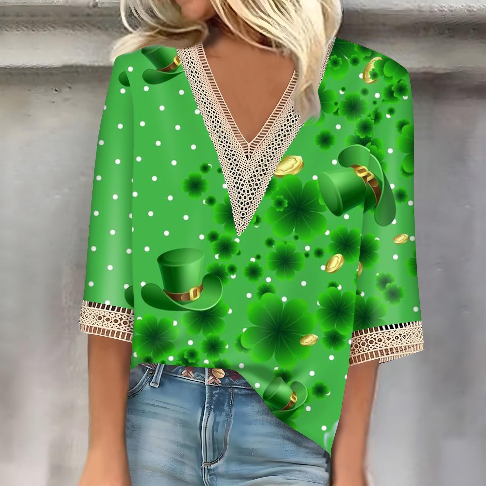 

Женский три четверти рукав кружево St. Топ с принтом ко Дню Святого Патрика Модный базовый топ с V-образным вырезом и обычным узором S