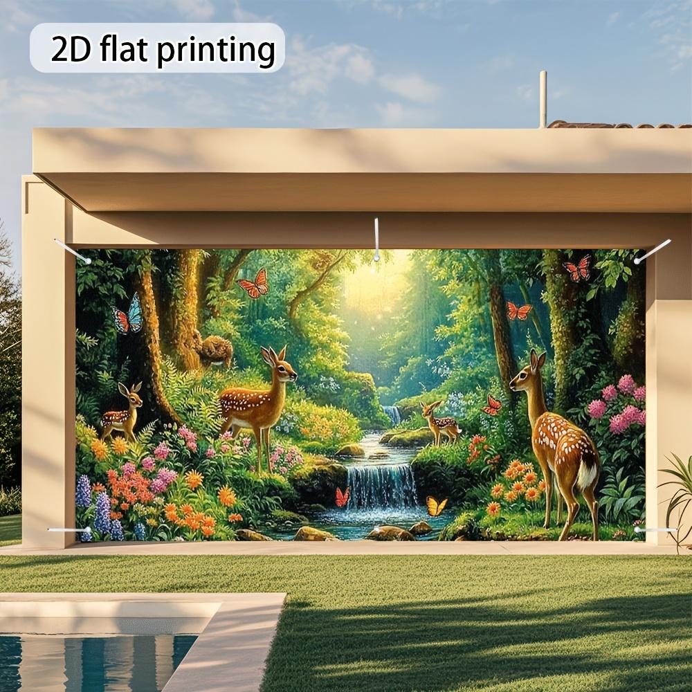 1pc 2D flat print Dreamy Forest Deer Butterfly garage door banner - A vibrant garden party background 130x150cm