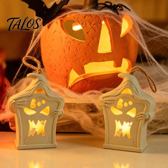 Hollow Carved Props Halloween Light Up Tombstone Ornaments, Spooky Small Hanging Graveyard Decoration with Durable Plastic Decor LED for Haunted