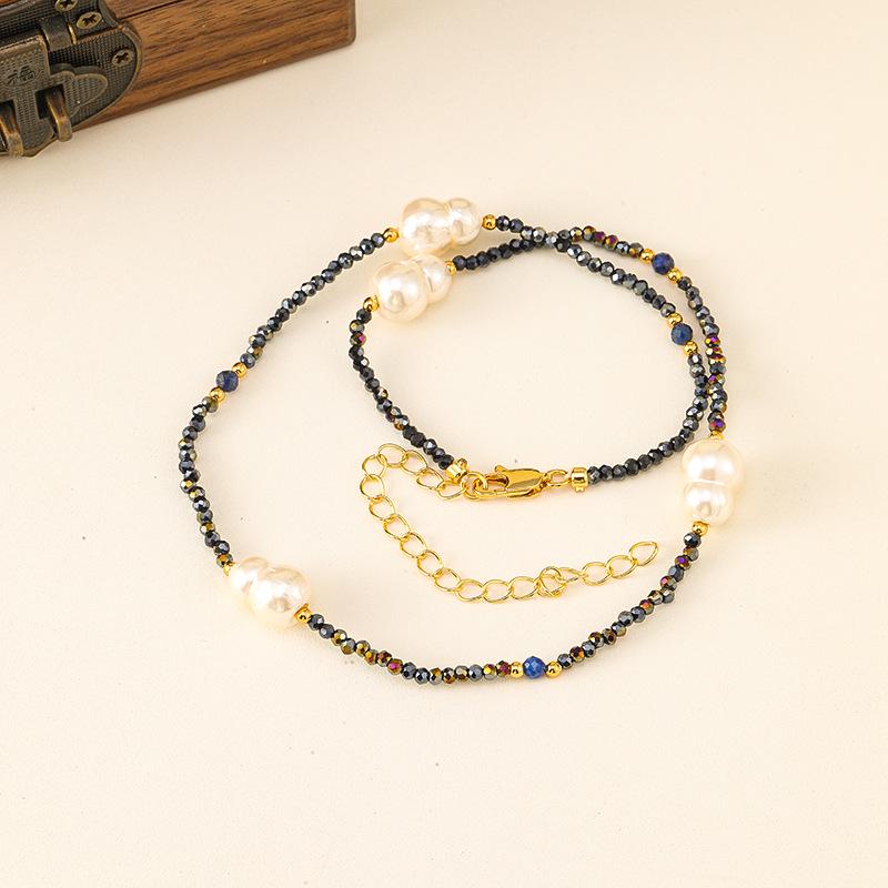 Handcrafted Black Spinel & Pearl Irregular Beaded Necklace & Bracelet Set for Women