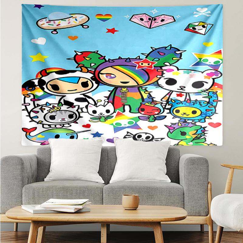Tokidoki Print Tapestry, Backdrop, Easy Setup, Ideal for Bedroom, Office & Living Room, with Aesthetic Wall Hanging Decor.