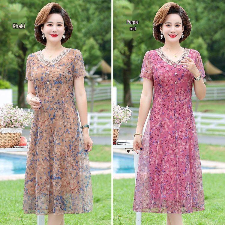 Elegant Summer Floral Dress for Middle-aged Women - Chinese National Style, Short Sleeve Maxi