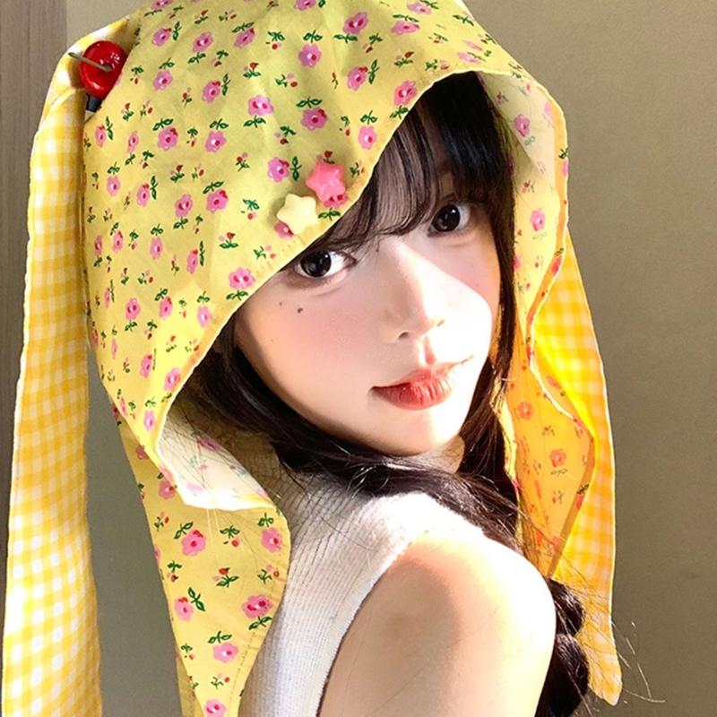 Cute Rabbit Ears Headscarf Hat Cherry Flossom Pattern Soft Cotton Hair Accessory For Women Adults Adjustable Headwear
