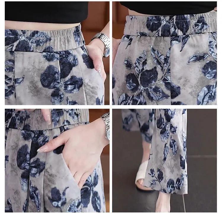 Ice Silk Printed Wide-Leg Women's Pants - Summer 2026, Elastic Waist, Loose Nine-Point Casual Straight-Leg Design