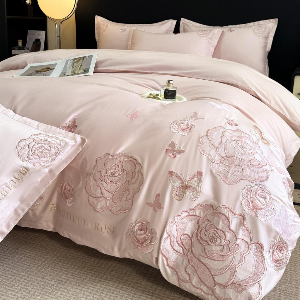 Light Luxury 100% Cotton Embroidered 4-Piece Bedding Set with Rounded Corner Sheets