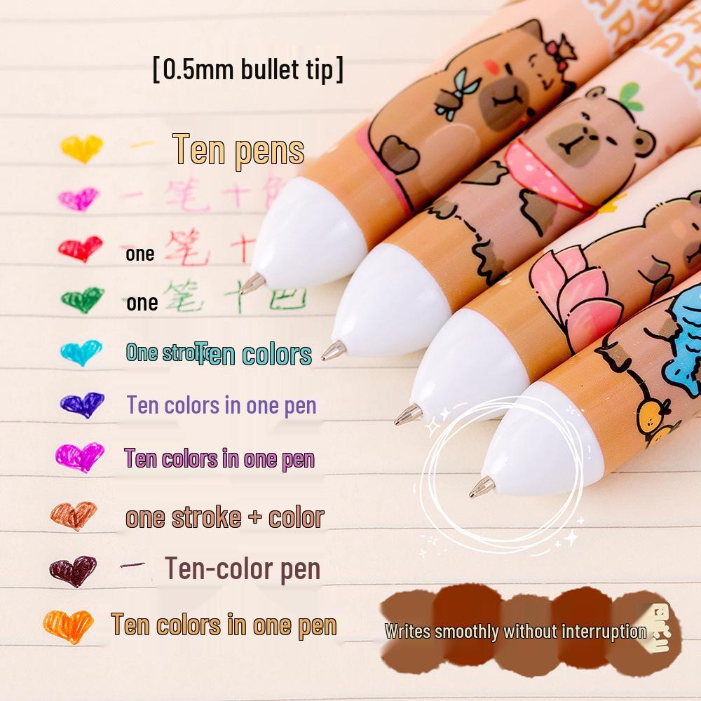 Lustiger Capybara Mehrfarbiger Druckkugelschreiber für Studenten-Journaling – Kreatives Cartoon-Design mit zehn Farben