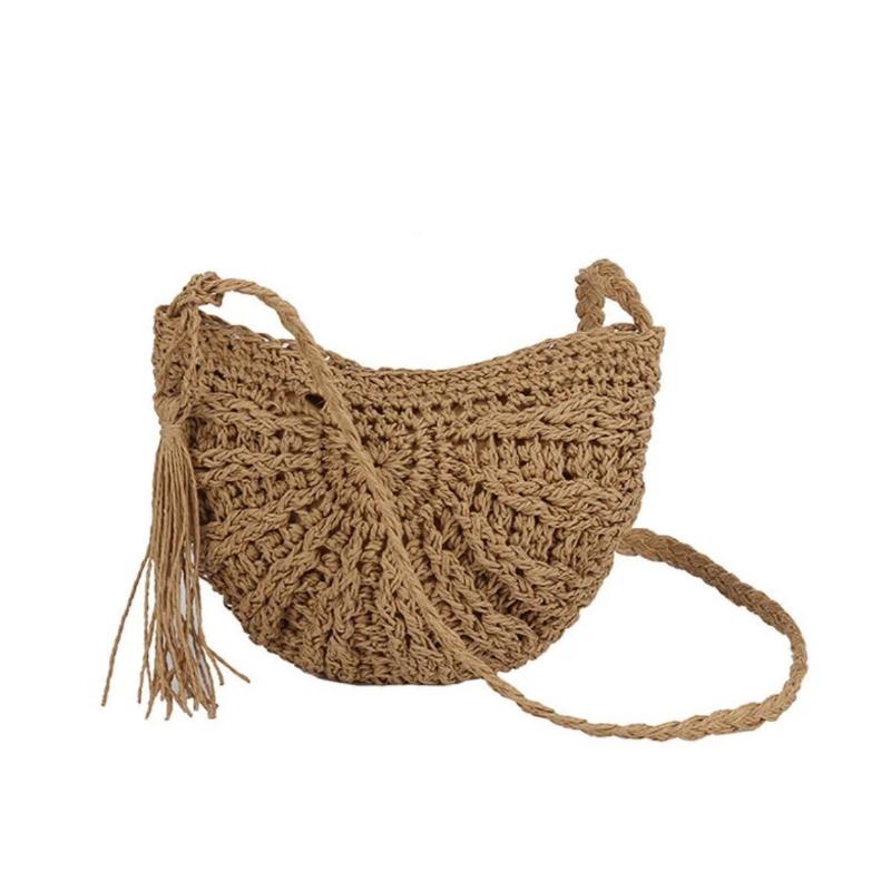 Semicircle Straw Woven Crossbody Bag Tassel Decor Stylish Shoulder Bag for Women Beach Party Daily Wear
