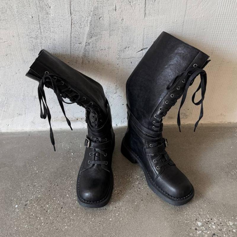 Herbst- und Winter Damen Leder Ritterstiefel dicksohlige rutschfeste Gummisohle Schnürung mittlerer Absatz Übergröße Damenstiefel neue hohe Stiefel