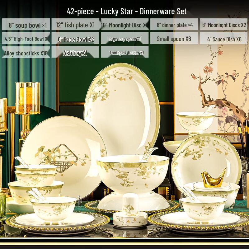 Huazao Baijia DX Lucky Star 42-Pc Chinese Ceramic Bowl & Chopstick Set
