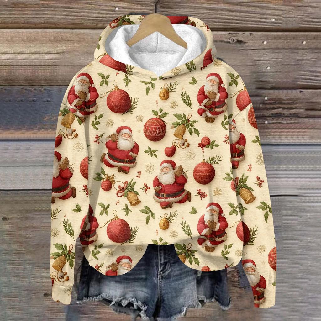 Women's Fashion Long Sleeve Christmas Print Loose Hooded Sweatshirt Top