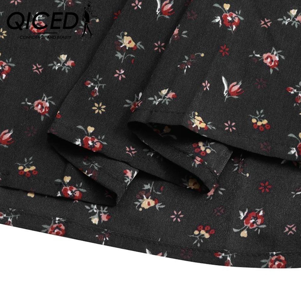 QICED Women's Ruffled Mini Floral Maxi Dress Long Sleeve V-Neck Casual Dresses