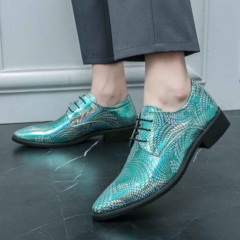 Model catwalk leather shoes personalized laser dragon scale pattern patent leather glossy pointed nightclub shoes