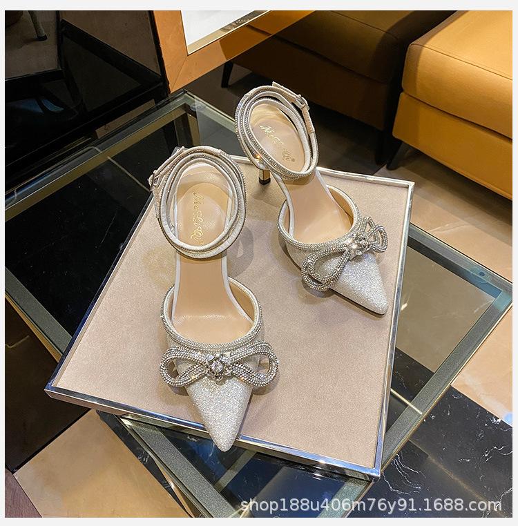 [Spot] High-heeled Women's 2025 New Pointed Rhinestone Bow Design Sense Niche Thin-heeled Sandals Women