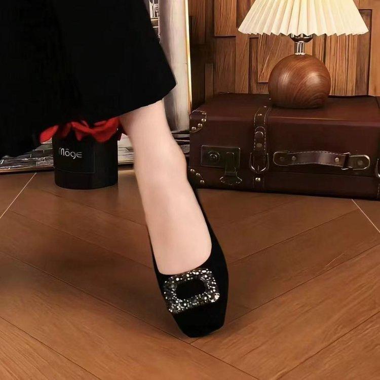 High heels new autumn soft-soled French temperament suede square buckle rhinestone shallow mouth single shoes Doudou shoes
