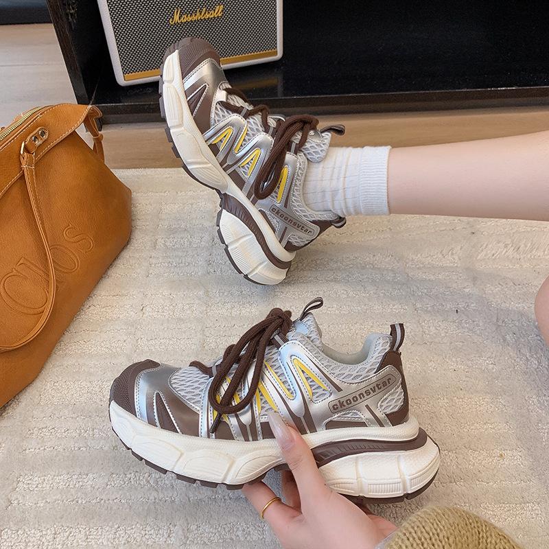 Thick-soled Imitation Leather Dad Shoes for Women 2025 Autumn New Mesh Breathable Versatile Casual Sports Running Shoes