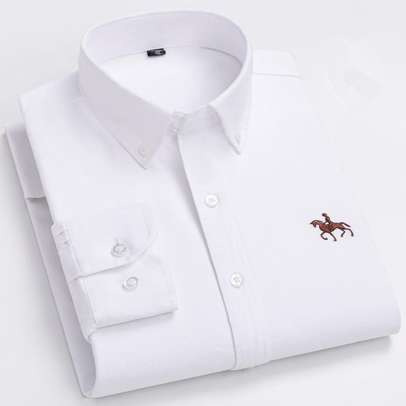 Basic Oxford Dress Shirt For Men Long Sleeve 100% Pure Cotton Solid  Casual Plaid Striped Social Business Male Regular-Fit S-6XL