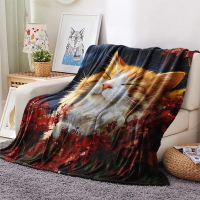 Ginger Cat Print Flannel Blanket, High Quality Comfortable for All Seasons, Home Decor, Warmth and Comfort, Perfect for Christmas Gifts