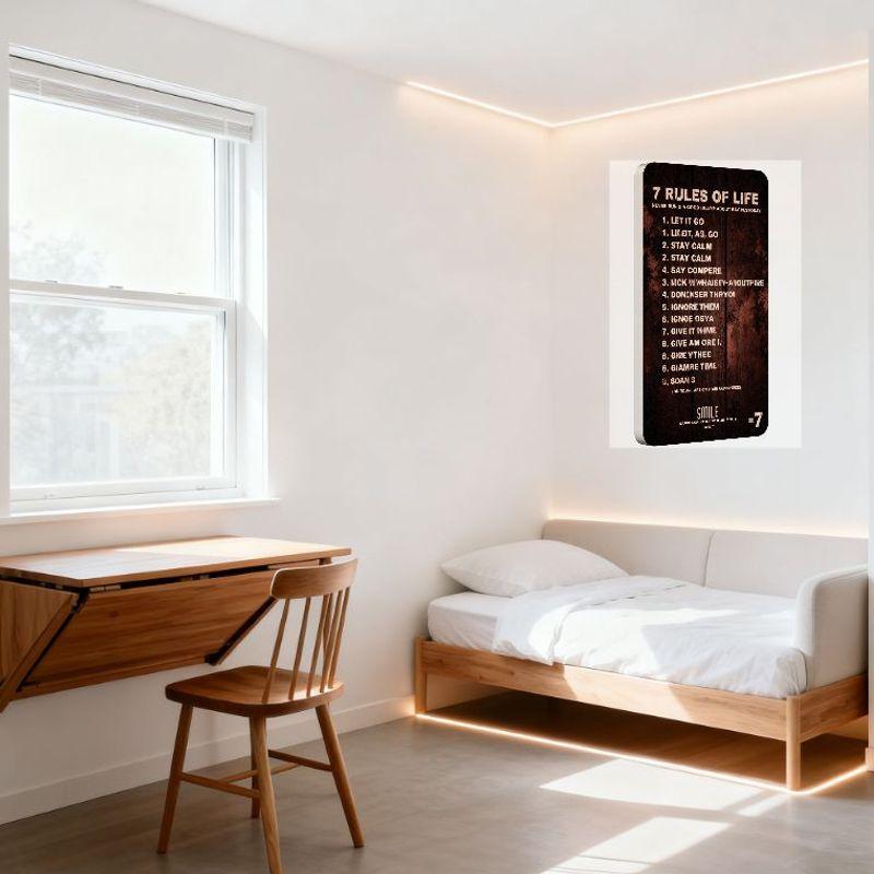 7 Rules of Life Retro Wooden Texture Metal Tin Sign Vintage Distressed Plaque for Home Office Man Cave Decor with Misspelled Rul