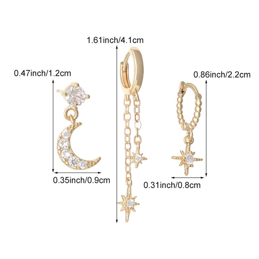 Modne zaawansowane uczucie gwiazdy księżyc asymetryczne imitacja cyrkonii kolczyki dla kobiet trzyczęściowy zestaw