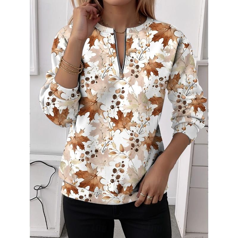 Women's Pullover Sweatshirt Zip Up Sweatshirts Floral Graphic Fashion Casual Long Sleeve Crew Neck Regular Tops Street Dailywear Zipper Print