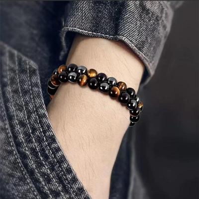 1/2-reihiges geflochtenes Armband aus natürlichem Tigerauge-Stein, Perlenarmband für Herren, schlichtes schwarzes Magnetarmband