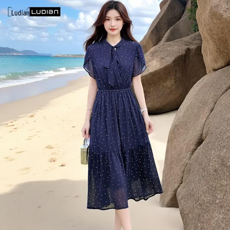 LUDian French Retro Polka Dot V-Neck High-Waist Slimming Long Dress 2XL