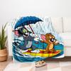 Tom Jerry Surfing in the Rain Poster PrintBlanket Flannel Throw Blanket for Sofa, Bed, Travel, Camping, Office
