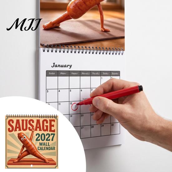 Coated Paper Wall Calendar Sausage 2027 Calendar, Funny Figure 12 Month Planner Creative Home Office Decor with Spiral Binding, Novelty Hanging