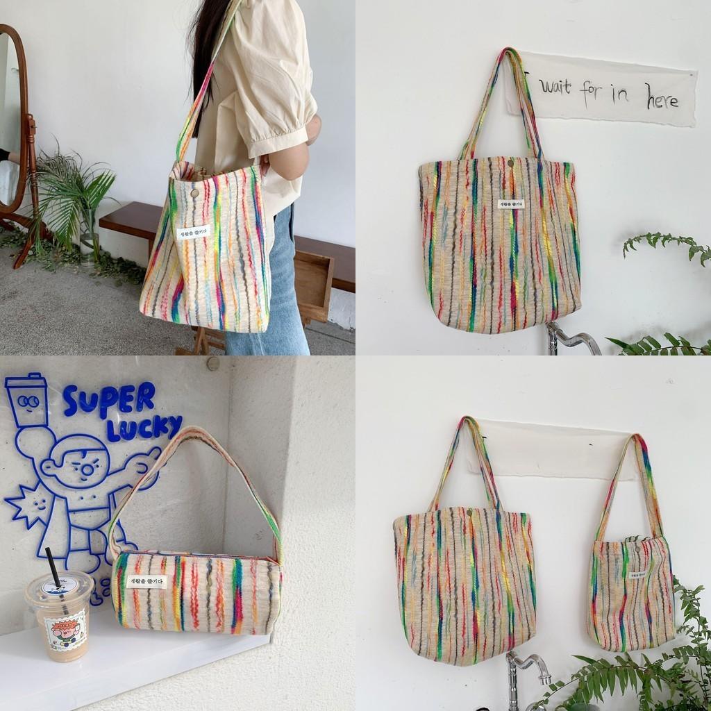 Trendy Street Style Canvas Tote Bag Colorful Stripes Medium Shoulder Bag